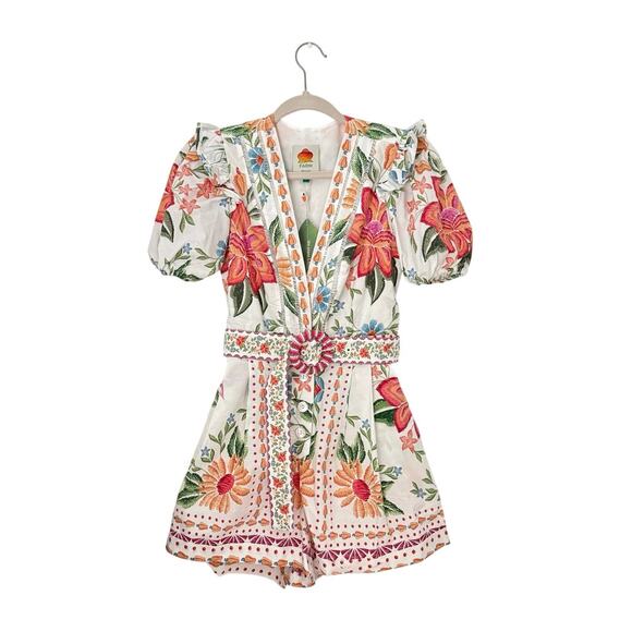 FARM Rio Pants - Farm Rio Floral Embroidered Belted Romper Size XS